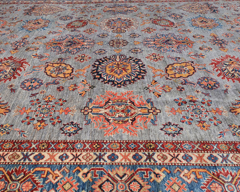 10x14 Gray Kazak Afghan Hand Knotted Geometric Wool Area Rug